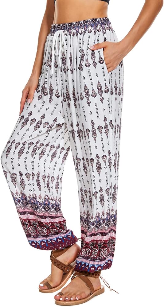 BATHRINS Womens Casual Harem Pants Baggy Boho Pants Summer Floral Beach Pants with Pockets