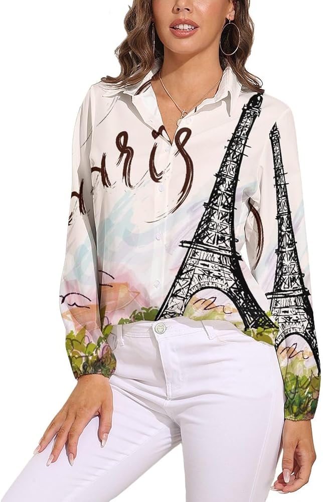 Eiffel Tower Paris Women's Long-Sleeve Shirt Button Down Tees Blouse Vintage Casual Tops