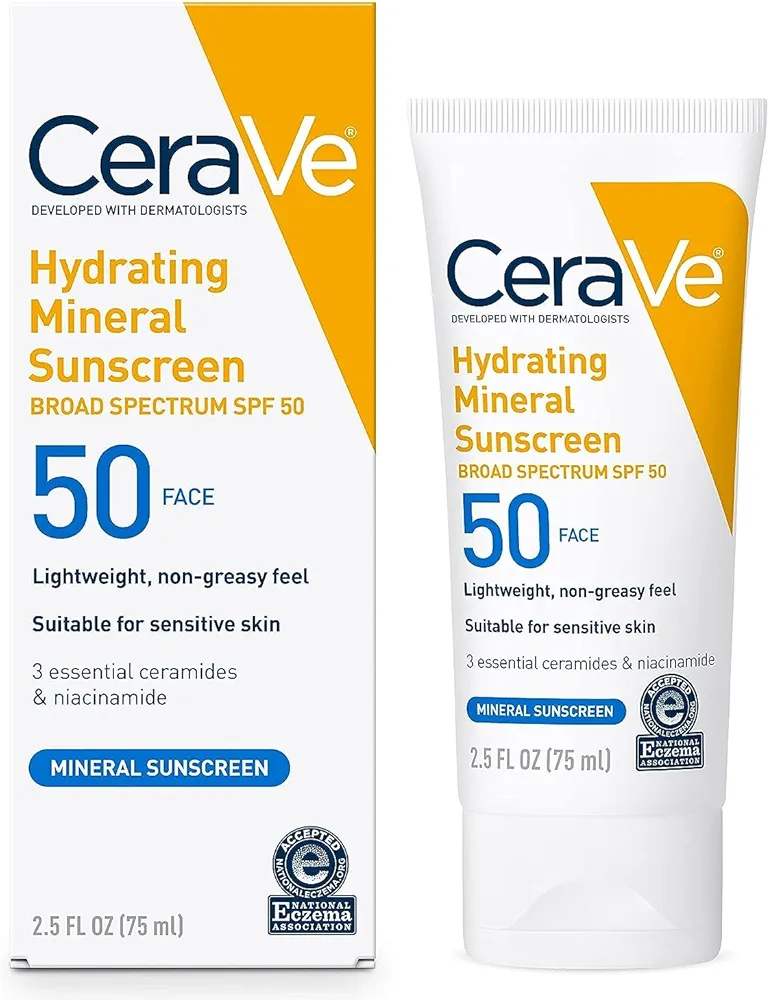 CeraVe 100% Mineral Sunscreen SPF 50 | Face sunscreen With Zinc Oxide & Titanium Dioxide | Hyaluronic Acid + Niacinamide + Ceramides | Oil Free Sunscreen For Face | Travel Size Sunscreen 2.5 oz