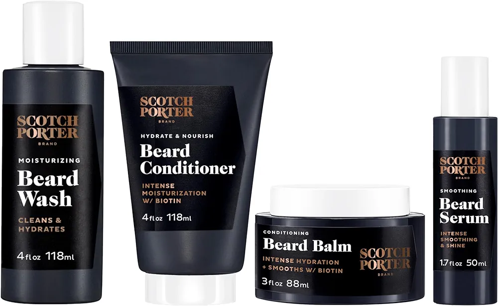 Scotch Porter Beard Kit – Cleanse, Moisturize, Soothe & Style Coarse, Dry Beard Hair while Encouraging Growth for a Fuller/Healthier-Looking Beard – Includes Wash, Conditioner, Serum & Balm