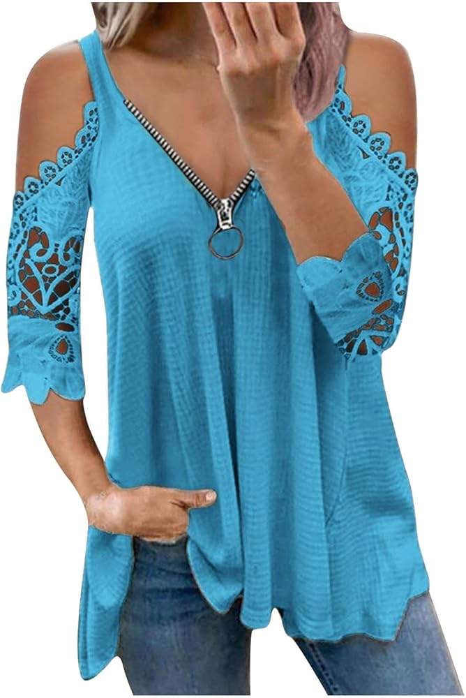 Womens Lace Half Sleeve Zipper Hollow Out Tops Sexy Cold Shoulder Deep V Neck Blouses Tees Summer Flowy T Shirt