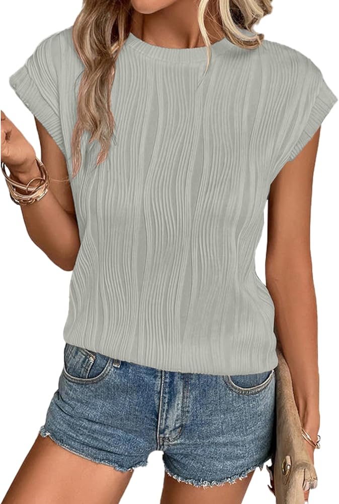 Womens Summer Tops Textured Knit T Shirts Cap Sleeve Casual Loose fit Tank Top