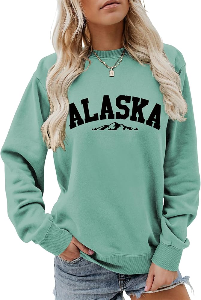 Sweatshirts for Women Alaska Letter Graphic Tees Retro Mountain Shirt Crewneck Sweater Long Sleeve Pullover