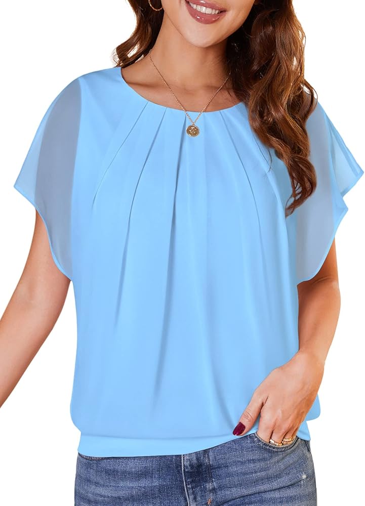 WANGZHI Women's Casual Flouncing Short Sleeve Pleated Front Loose Chiffon Blouse Top