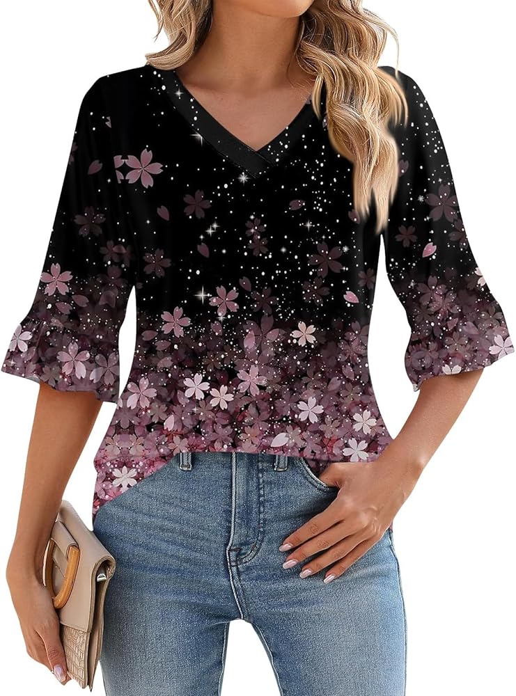 3/4 Length Sleeve Womens Tops Casual Summer Fall V-neck T-shirt Puffy Sleeve Dressy Lightweight Blouse