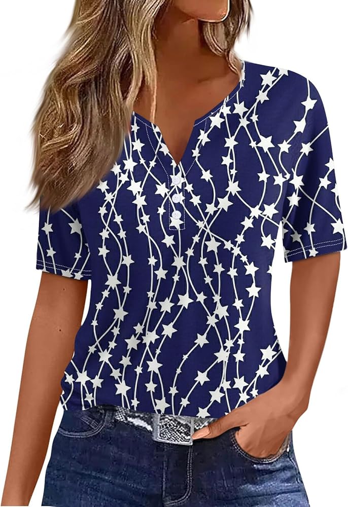 Women's Casual Independence Day Printed V-Neck Short Sleeve Vacation Trendy V Neck Boho Short Sleeve Shirts