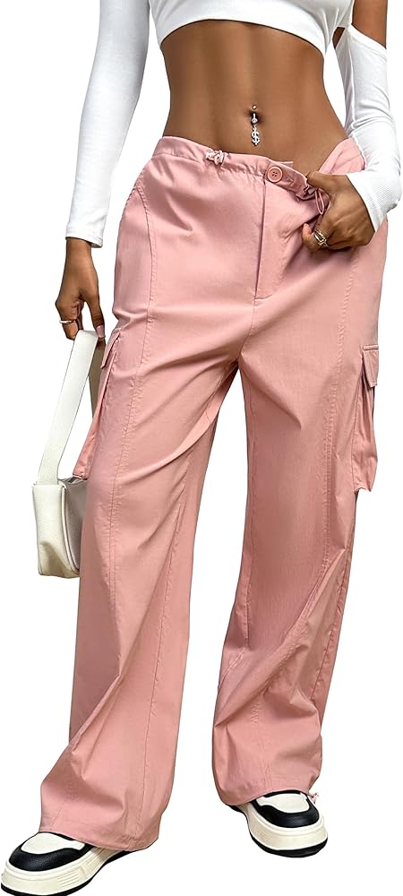 BMJL Womens High Waisted Cargo Pants Y2K Wide Leg Parachute Pants Baggy Trousers with Pockets