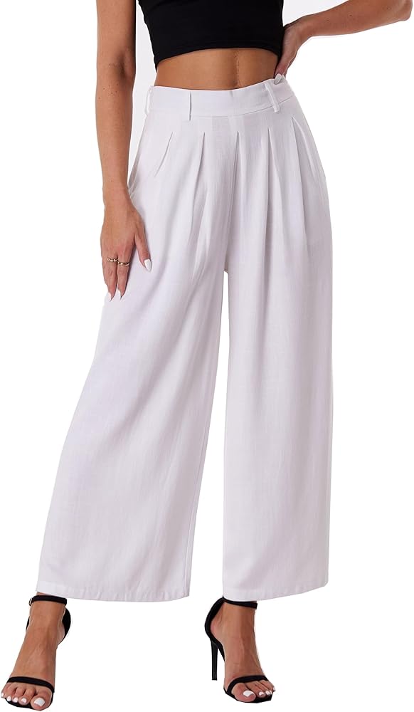 heipeiwa Women' s Culottes Linen Pants Summer Vacation Beach Capris Crop Casual Wide Leg Palazzo Pants