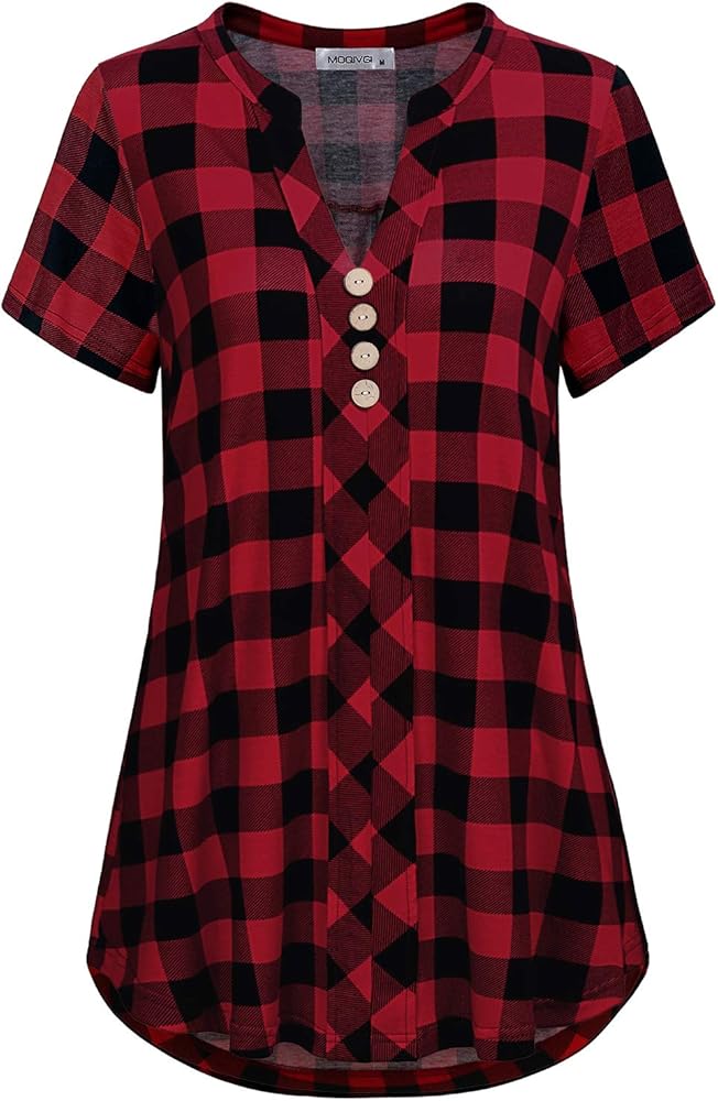 MOQIVGI Womens Notch Neck Short Sleeve Plaid Shirts Checkered Blouse Tops