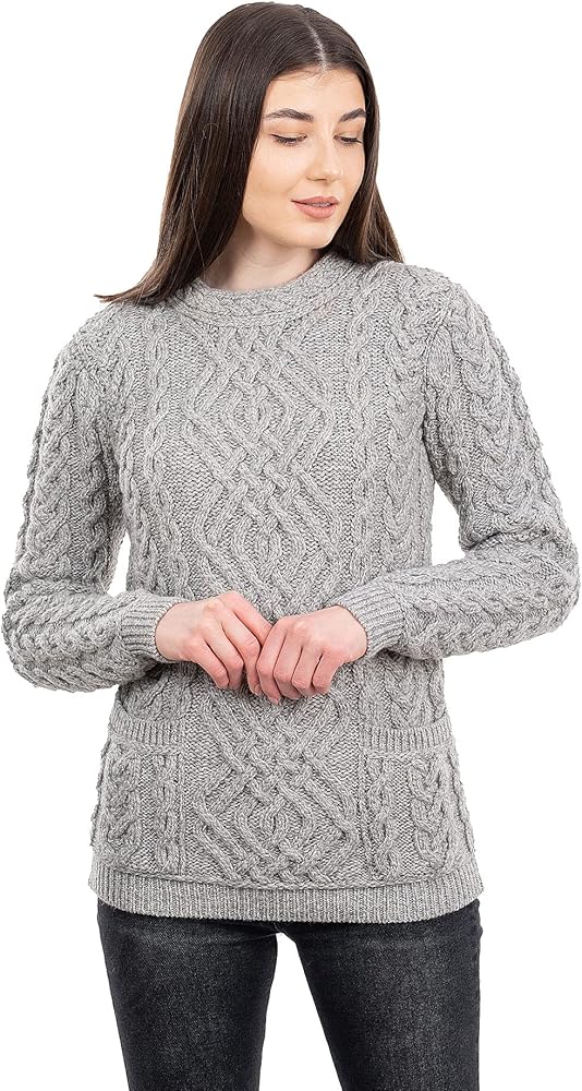 100% Merino Wool Irish Warm Cable Knit Women Crew Neck Fitted Sweater with Pockets in Grey/Natural/Navy Blue