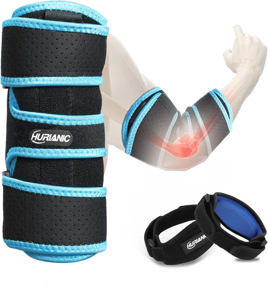 Elbow Brace, Adjustable Elbow Splint Tennis Elbow Support Set Include Arm Strap Band and Stabilizer Brace, Suit for Ulnar Nerve Entrapment Relief Pain and Tendonitis Arm Straightener Fit Men ＆ Women