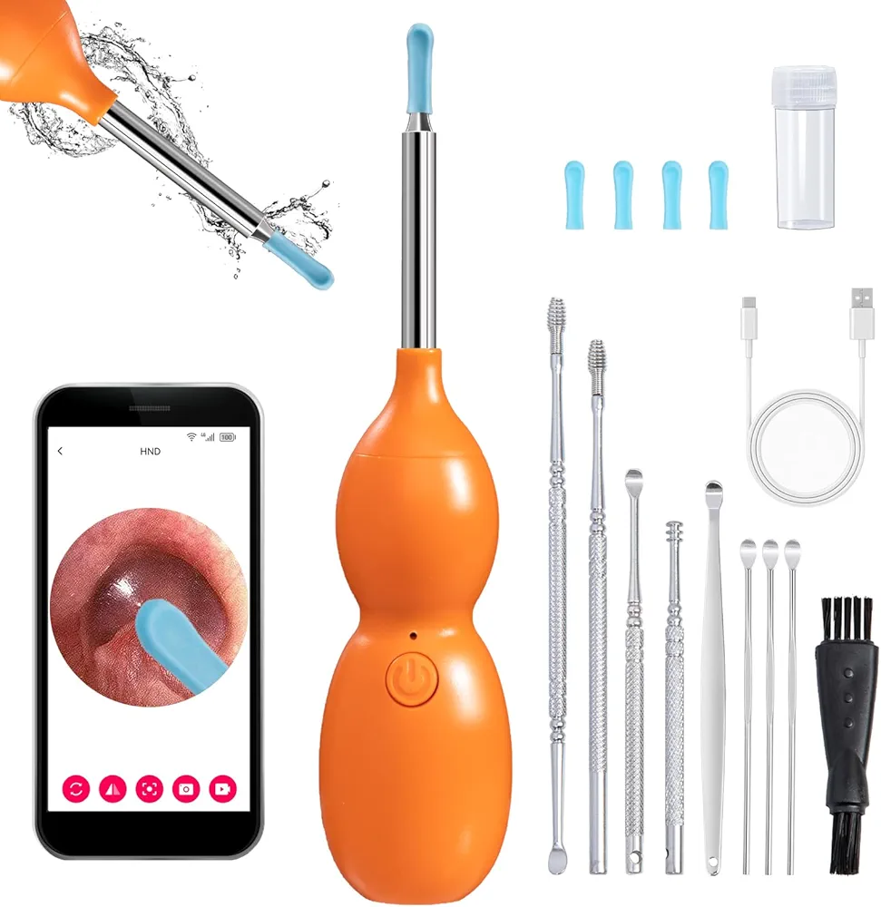 Ear Wax Removal - Ear Wax Removal Tool Camera with 6 LED Lights/9Pcs Ear Care Kit,1080P Ear Cleaner with Camera, Ear Cleaner for iOS/Android (Orange)