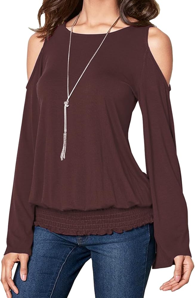 Womens Cold Shoulder Bell Long Sleeve Tops Sexy Dressy Casual Scoop Neck Banded Bottom Shirts Blouse