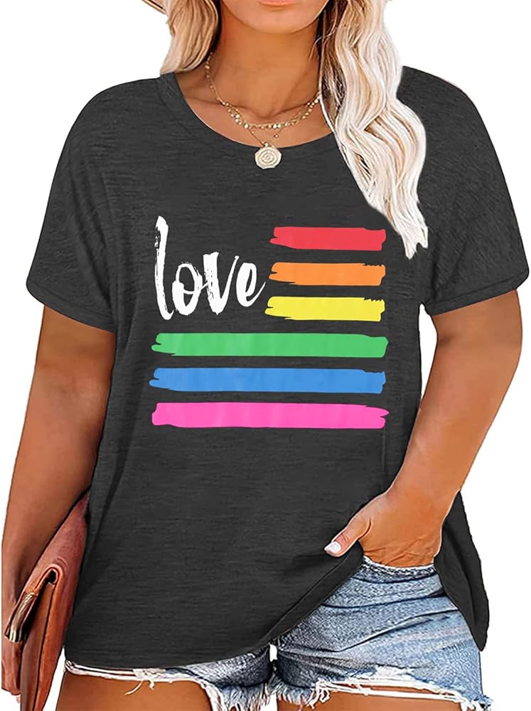 Plus Size Pride Shirt for Women Rainbow Graphic Tees LGBTQ Equality T-Shirt Funny Letter Print Short Sleeve Tops Blouse