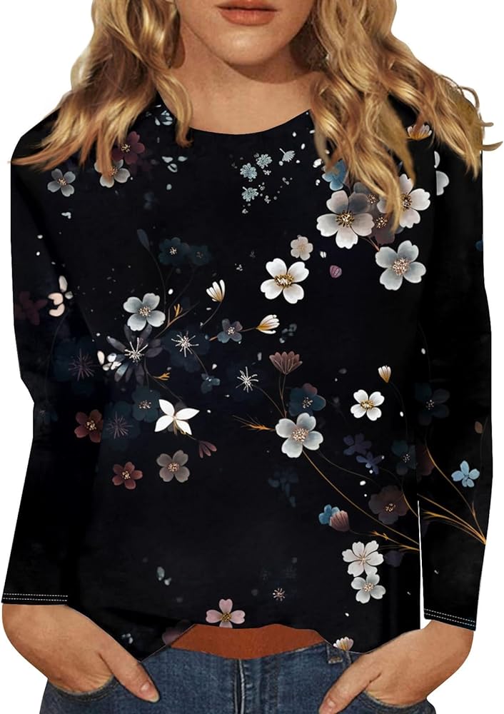 Women's Fashion Casual Round Neck Long Sleeve Printed T-Shirt Top Blouse for Women Dressy Casual