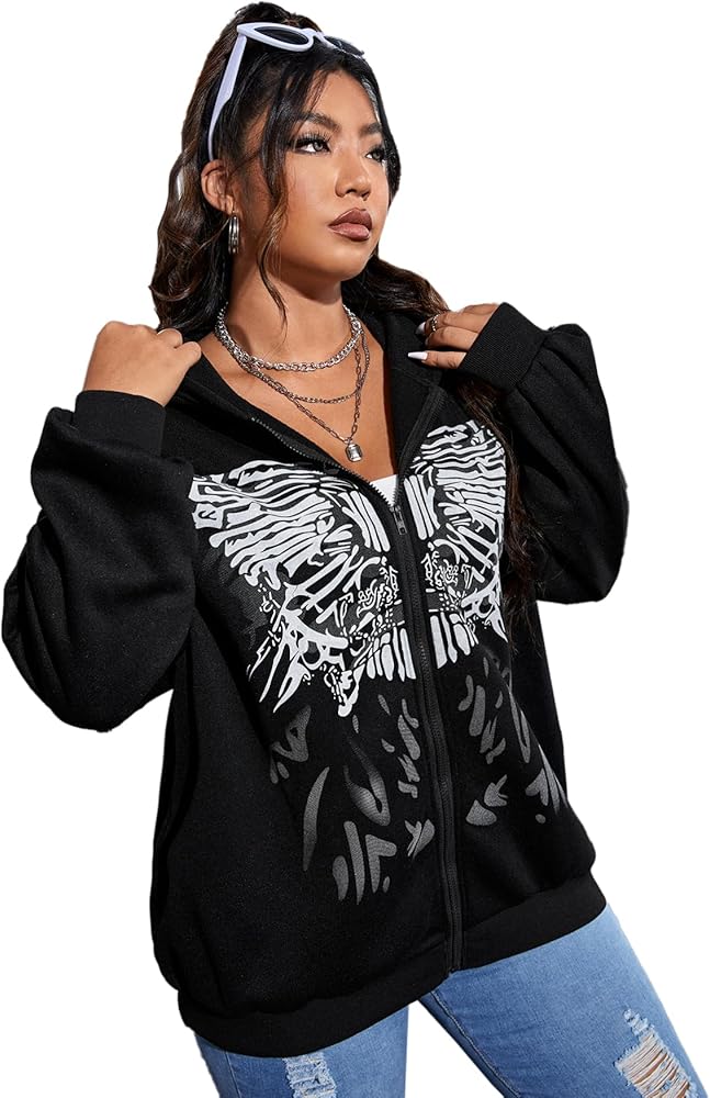 WDIRARA Women's Plus Size Butterfly Print Zip Up Drop Shoulder Hoodie Sweatshirt