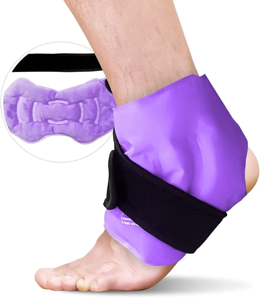 Ankle Ice Pack Wrap, Reusable Gel Ice Pack for Foot Ankle Heel, Cold Compress Therapy for Pain Relief, Injuries, Achilles Tendonitis, Plantar Fasciitis, Sprains, Swelling - Purple