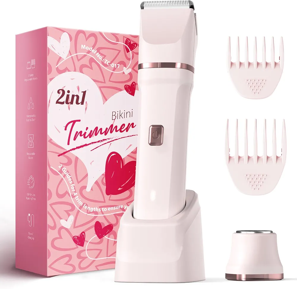 Bikini Trimmer for Women - Painless Electric Razors for Silk Skin,Cordless Body Shaver for Trip,Replaceable Lady Facial Razor, IPX7 Waterproof&Easy Cleaning, Ceramic Blade, USB Charge Dock Pink