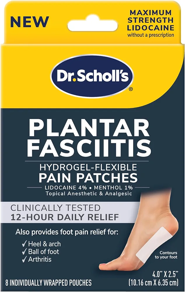 Dr. Scholl's Plantar Fasciitis Pain Patches with Hydrogel Flexible Technology, 8 Ct // Clinically Tested 12-Hour Daily Pain Relief - Contours to Your Foot - with Lidocaine & Menthol, 8 Treatments