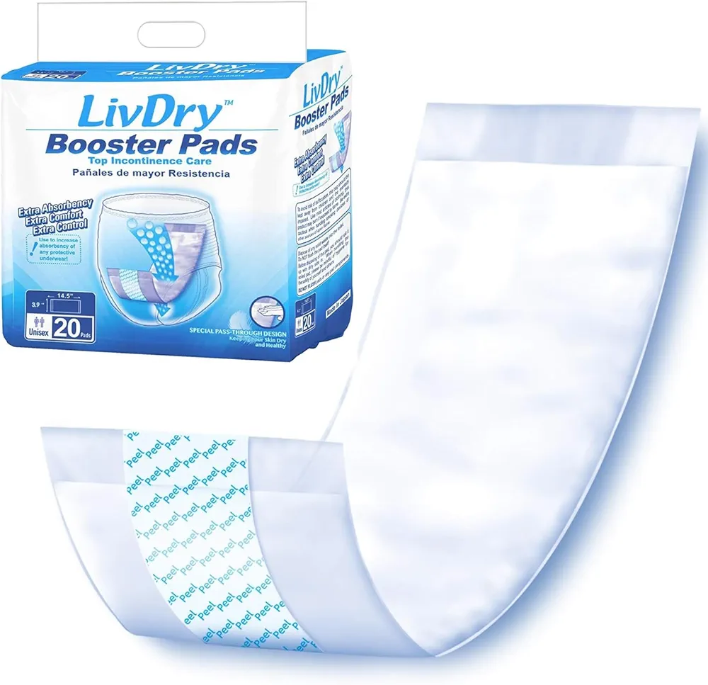 LivDry Incontinence Booster Pads, Use with Adult Diapers for Women and Men, Extra Comfort Softness, Disposable Pad (20 Count, Regular Length)