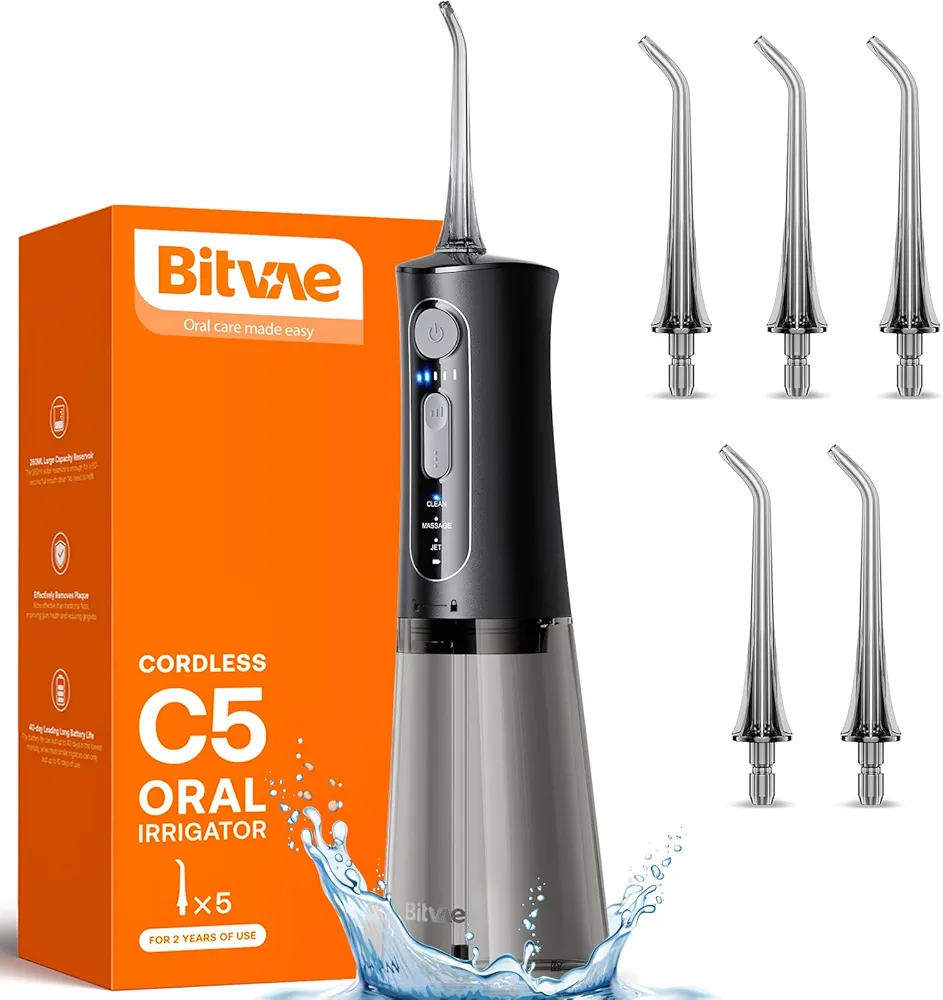 Bitvae C5 Water Dental Flosser for Teeth Picks, Cordless Water Flosser, 3 Modes 5 Intensities, IPX7 Waterproof Water Teeth Cleaner, 5 Tips Rechargeable Water Dental Picks for Cleaning - Black