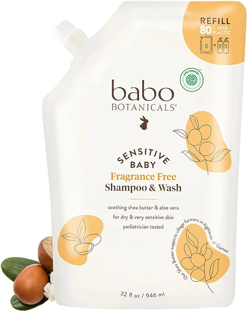 Babo Botanicals Sensitive Baby Fragrance-Free 2-in-1 Shampoo & Wash - Shea Butter, Calendula & Aloe Vera - EWG Verified - Cruelty-Free - Vegan - Pediatrician Tested - For Babies & Kids