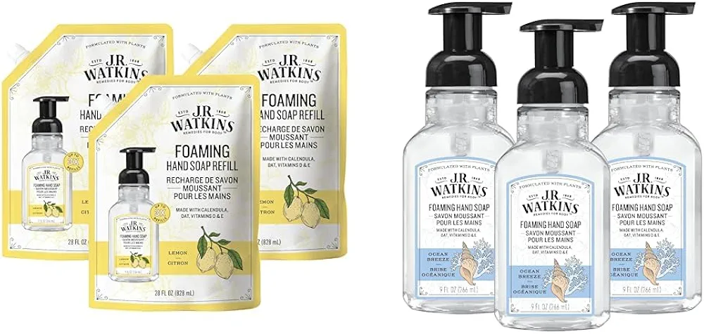 J.R. Watkins Foaming Hand Soap Refill 3 Pack 28 fl oz Lemon and Foaming Hand Soap with Pump 3 Pack 9 fl oz Ocean Breeze