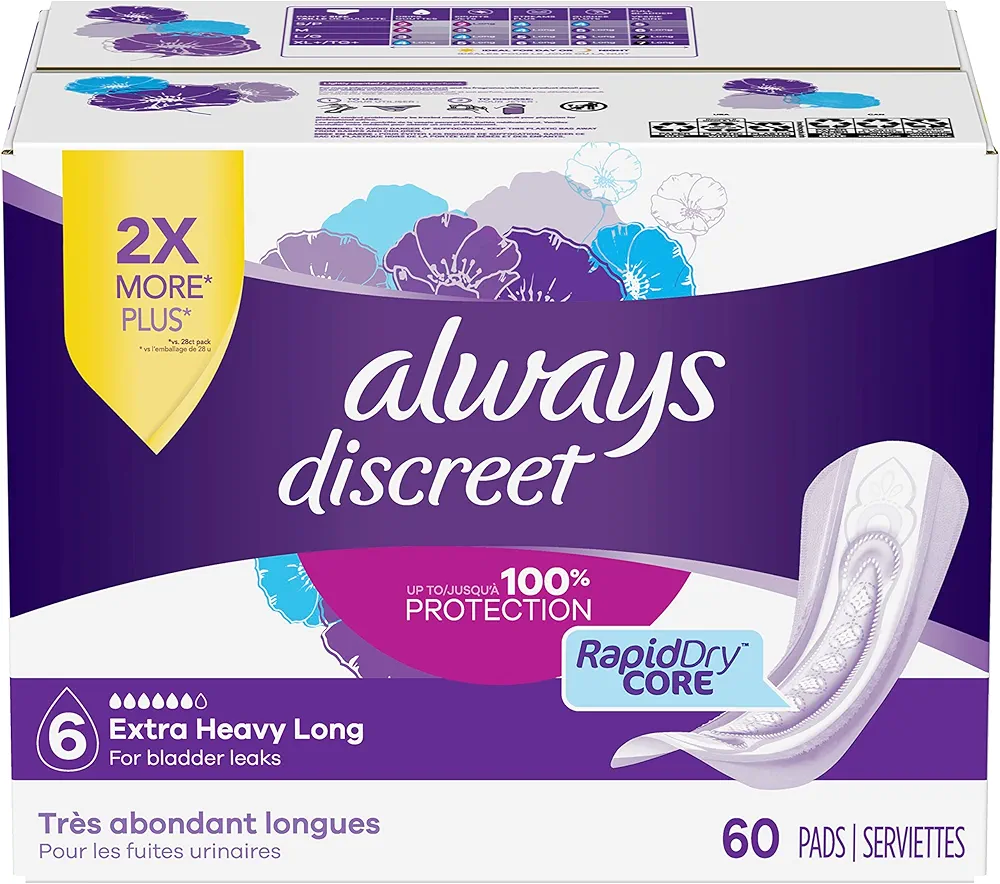 Always Discreet, Incontinence & Postpartum Pads for Women, Size 6 Drops, Extra Heavy Long Absorbency, 60 Count