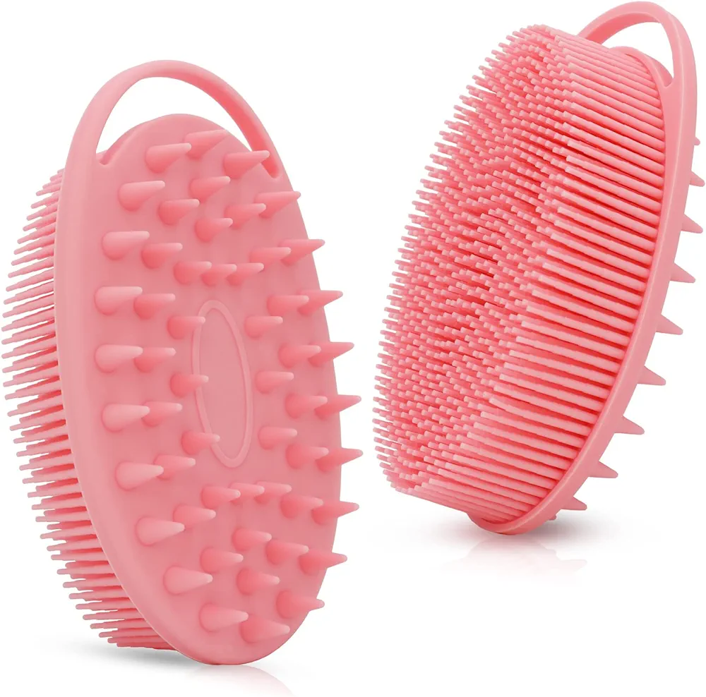 Upgrade 2 in 1 Bath and Shampoo Body Brush, Silicone Exfoliating Body Scrubber for Use in Shower, Premium Silicone Loofah, Head Scrubber, Scalp Massager, Easy to Clean (1PC Pink)