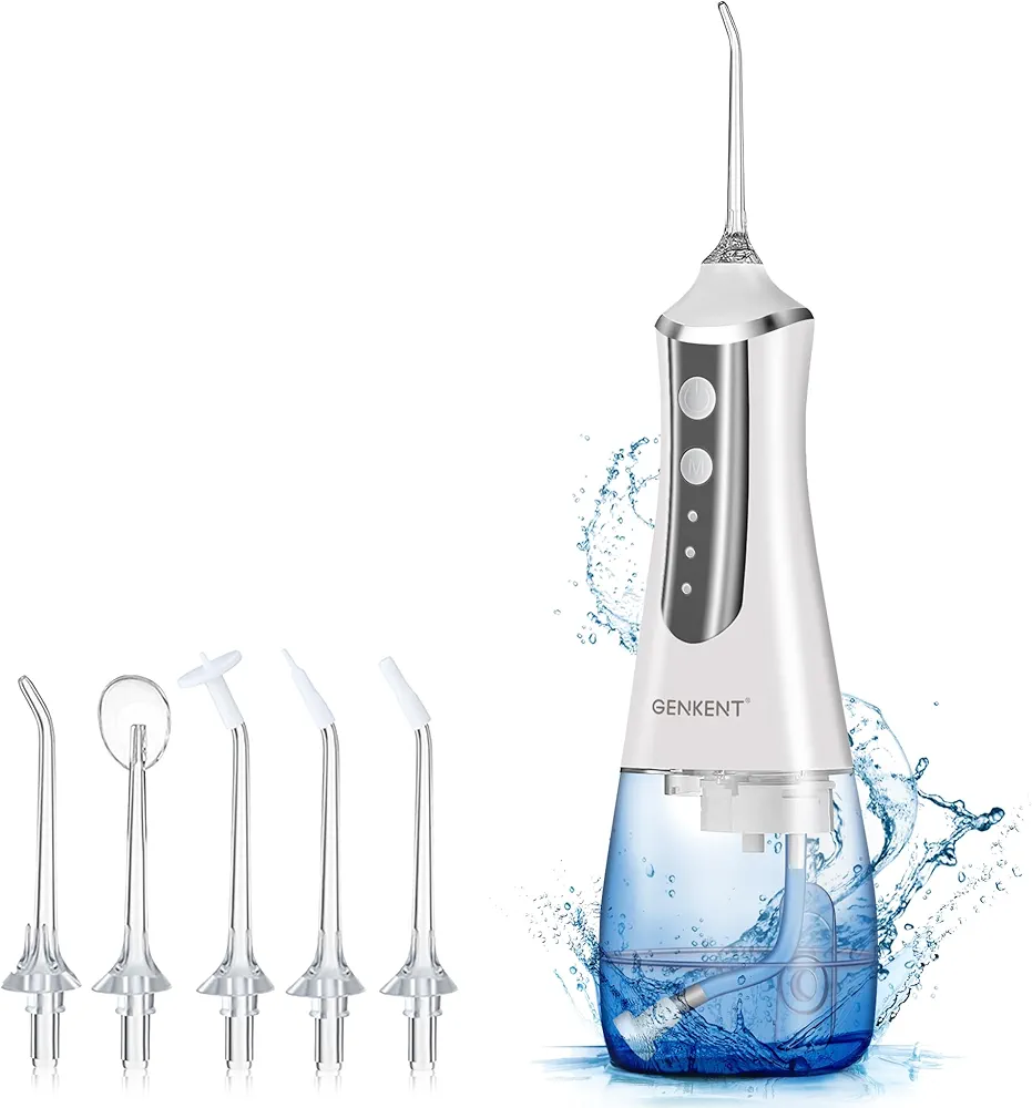 GENKENT Water Flosser Cordless for Teeth Cleaning 300ML Dental Oral Irrigator 3 Modes 5 Tips Rechargeable Waterproof Electric Flossing for Home Travel (White)