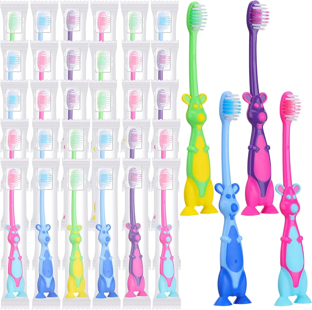 Gerrii 100 Pcs Kids Toothbrush Bulk Soft Lovely Little Kangaroo Toothbrush for Kid with Covers Suction Cup Individually Wrapped Cute Toothbrushes for Children Toddler Home School Camp Daycare Travel