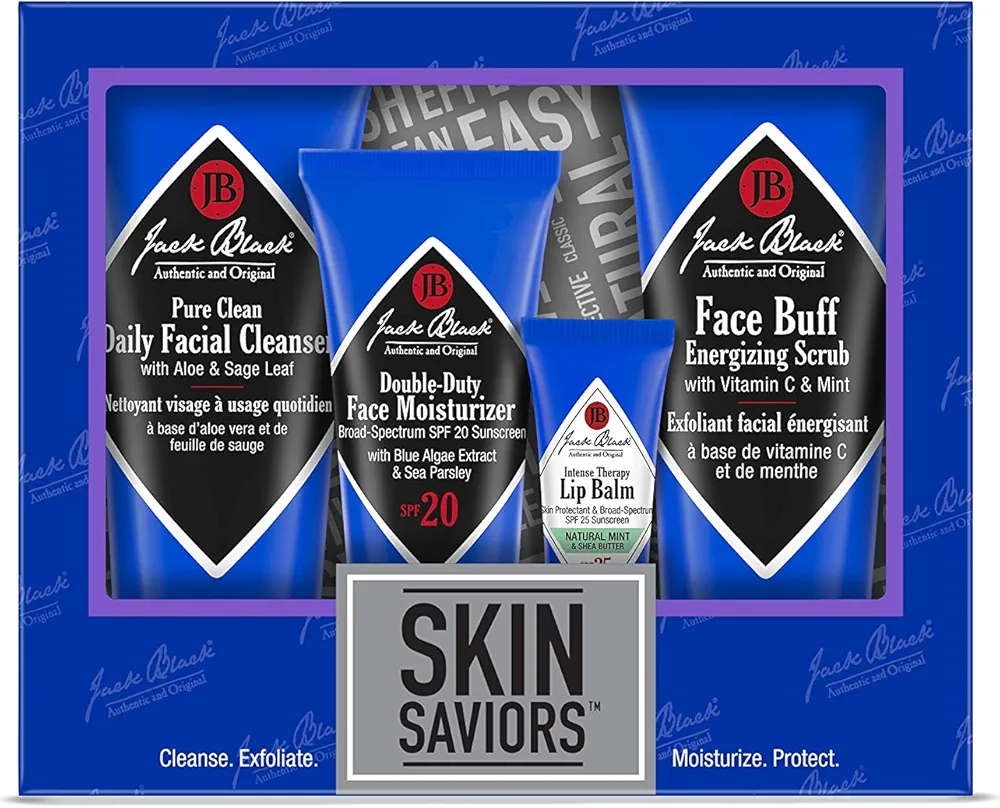 Jack Black Skin Saviors Set – Pure Clean Daily Facial Cleanser, Double-Duty Face Moisturizer SPF 20, Intense Therapy Lip Balm SPF 25 Natural Mint & Shea Butter, & Face Buff Energizing Scrub