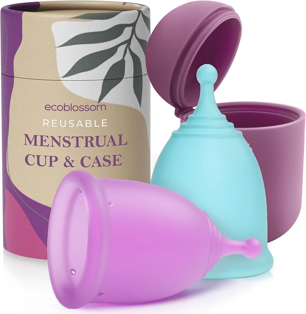 EcoBlossom Reusable Menstrual Cup and Case - The Most Reliable Medical Grade Silicone Period Cups - Comfortably use for 12 Hours (Small/Large (Pack of 2), Round Stem & Case)