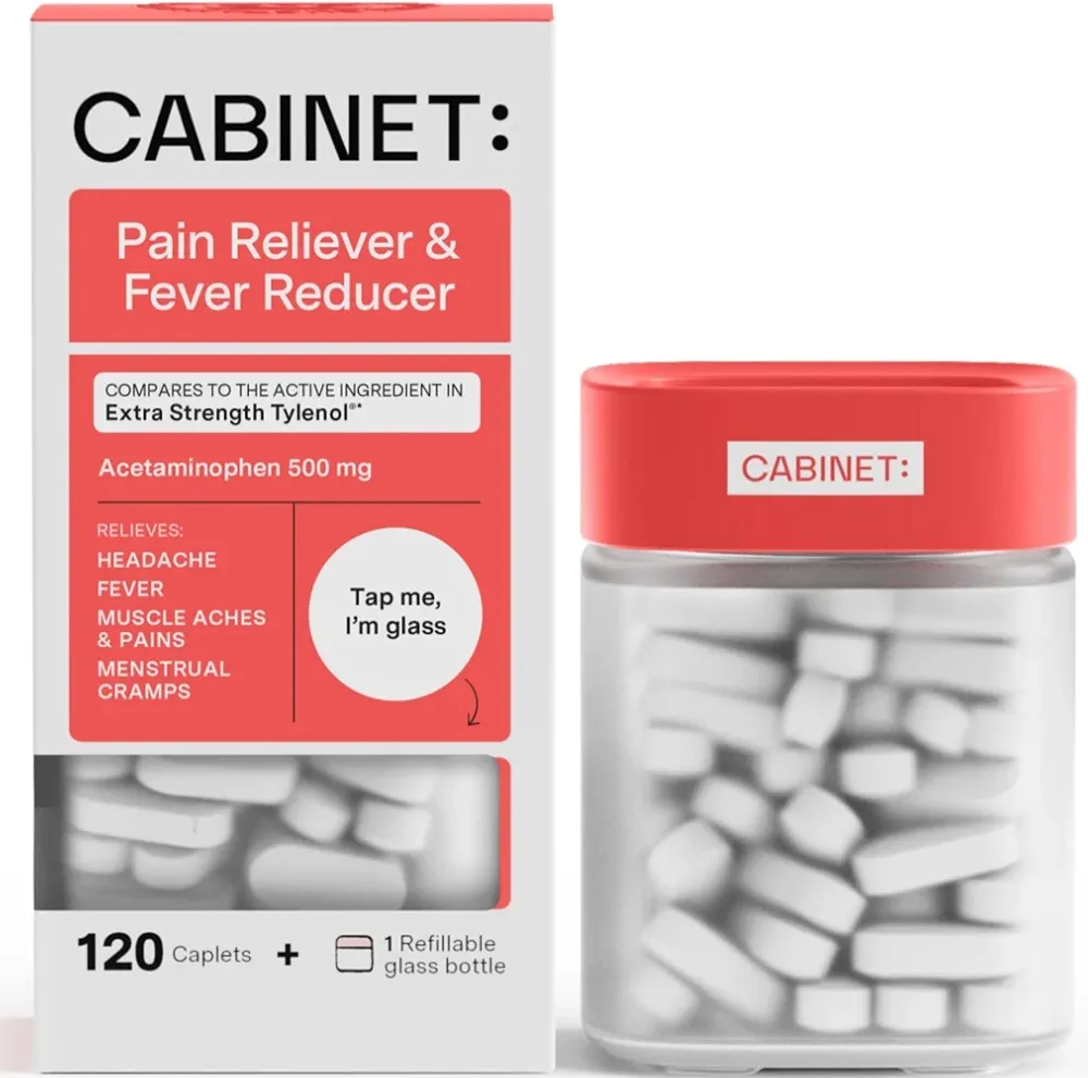 Cabinet: 500mg Acetaminophen for Headache Relief, Toothaches, Sore Throat, and Fever Reducer, includes 1 Refillable Medicine Jar, 120 Tablets (Refillable Glass Jar)