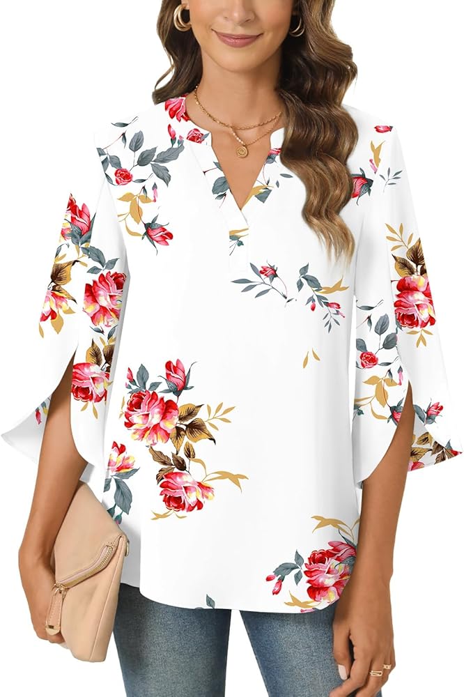 Anyally Women's Chiffon Blouses 3/4 Sleeve Summer Dressy Tunic Tops Casual Loose V Neck T-Shirts