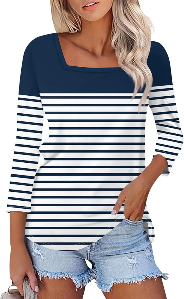 3/4 Length Sleeve Womens Tops,Basic Striped Tshirts Shirts Summer 2024 Gym Blouse Plus Size Athletic Tunic Top