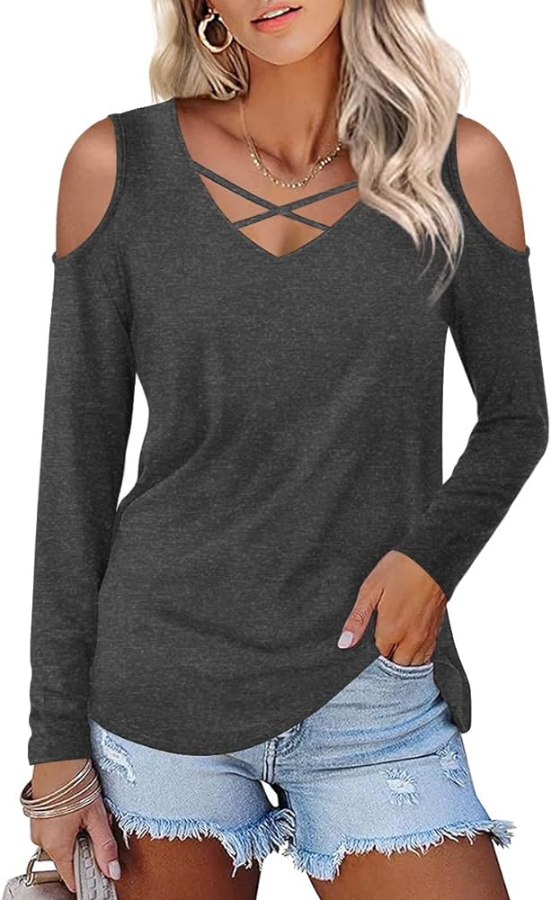 CATHY Womens Long Sleeve Tunic Tops Deep V Neck Criss Cross Shirts Casual Cold Shoulder Tee Blouse