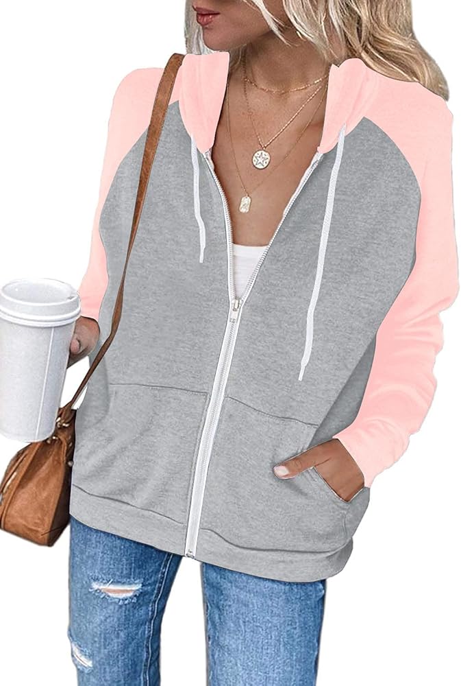 INFITTY Women's Casual Color Block Long Sleeve Zip Up Hooded Sweatshirt Lightweight Hoodies Jacket with Pocket