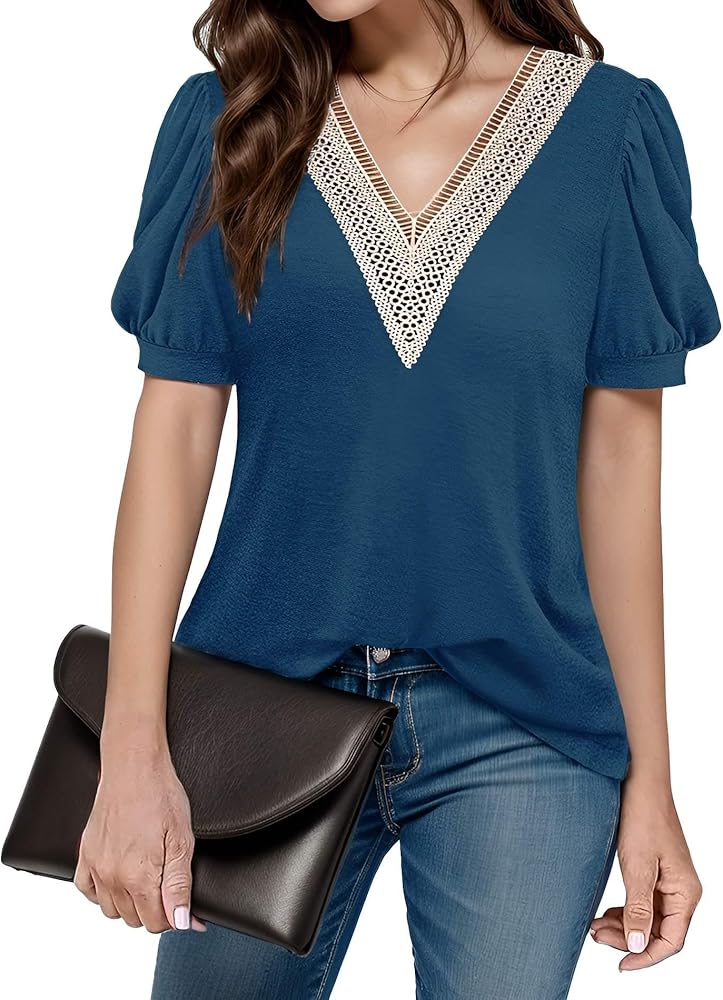 Womens Puff Sleeve Tops Summer Lace V Neck Short Top Trendy Casual Basic Blouses