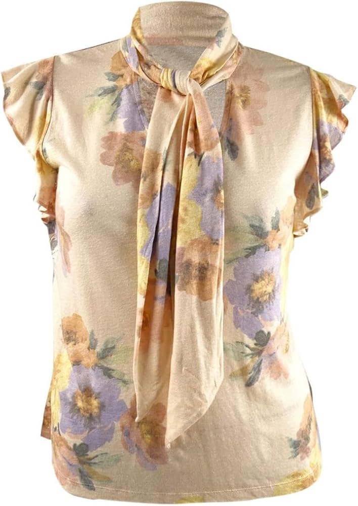 Lauren Ralph Lauren Women's Floral Tie Neck Top (XL, Blush/Sage Multi)