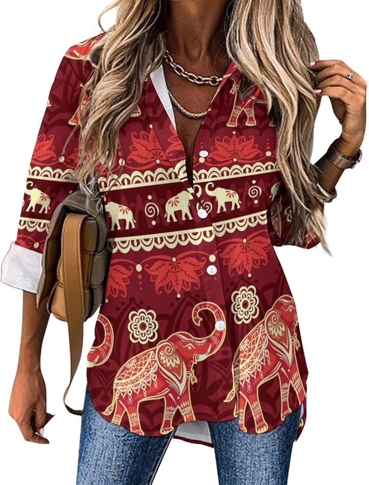 Red Bohemian Elephants Blouses for Women Hawaiian Button Down Long Sleeve Shirts Tees Tops