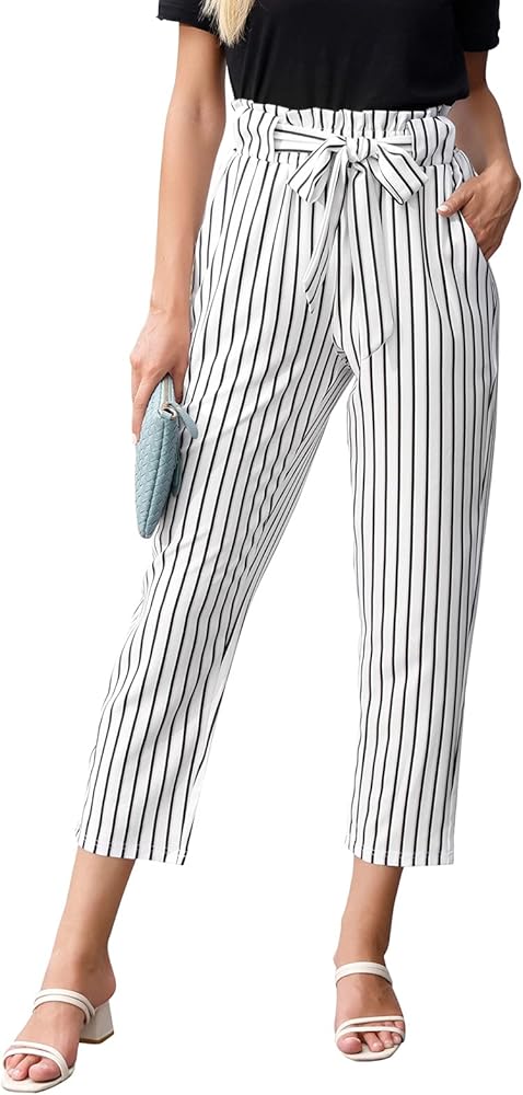 GRACE KARIN Women Pants Striped High Waist Pants Casual Paper Bag Pants with Pockets