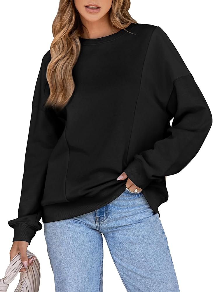 SHEWIN Womens Oversized Patchwork Plush Sweatshirts Hoodies Long Sleeve Crew Neck Sweatshirt Casual Loose Pullover Top