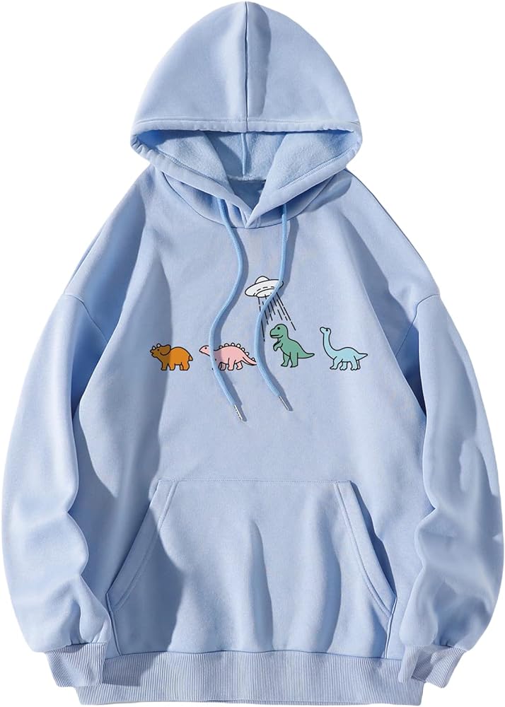 SOLY HUX Women Casual Fashion California Hoodie Los Angeles Pullover Drawstring Graphic Sweatshirt Blue Cartoon Dinosaur XL