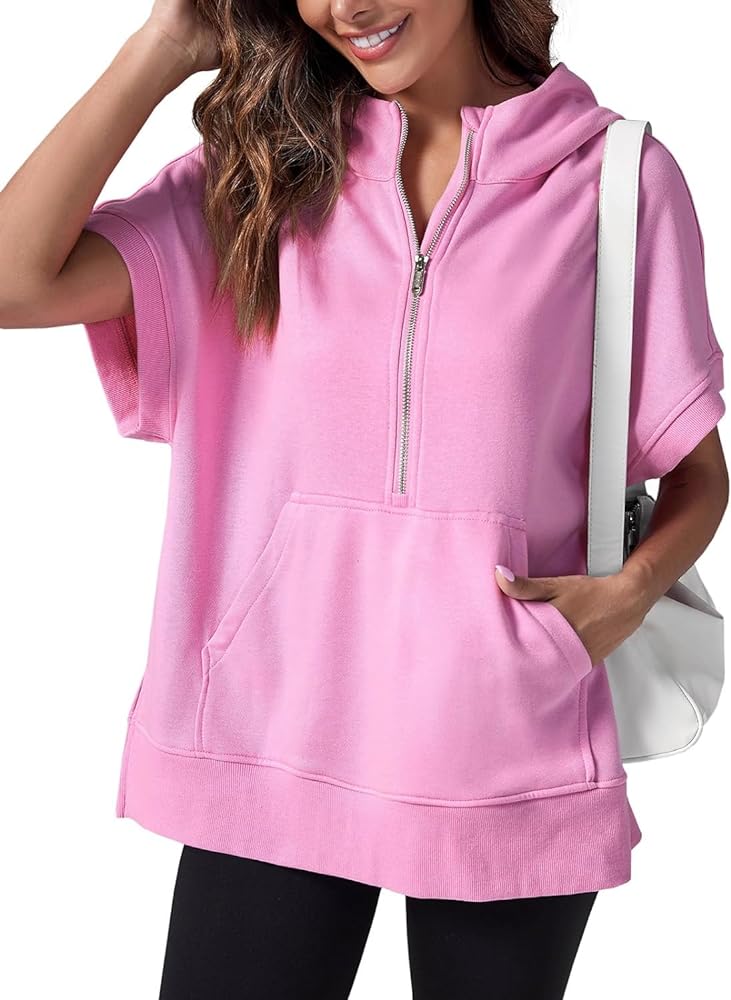 Womens Solid color Oversized Half Zip Hoodies Short Sleeve Casual Sweatshirts Pullover Tops