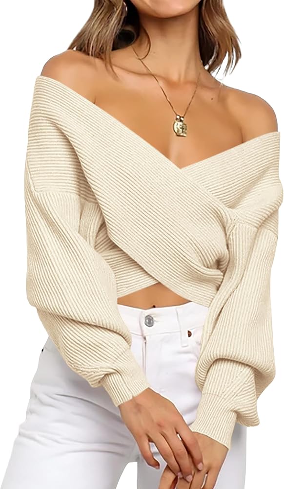 BTFBM Women Casual V Neck Long Sleeve Sweaters Cross Wrap Front Off Shoulder Asymmetric Hem Knitted Crop Solid Pullover