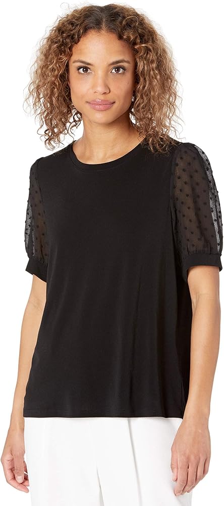 CeCe Women's Puff Sleeve Mix Media Knit Top