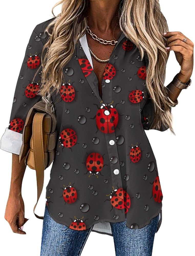 Red Ladybugs on Dark Blouses for Women Hawaiian Button Down Long Sleeve Shirts Tees Tops