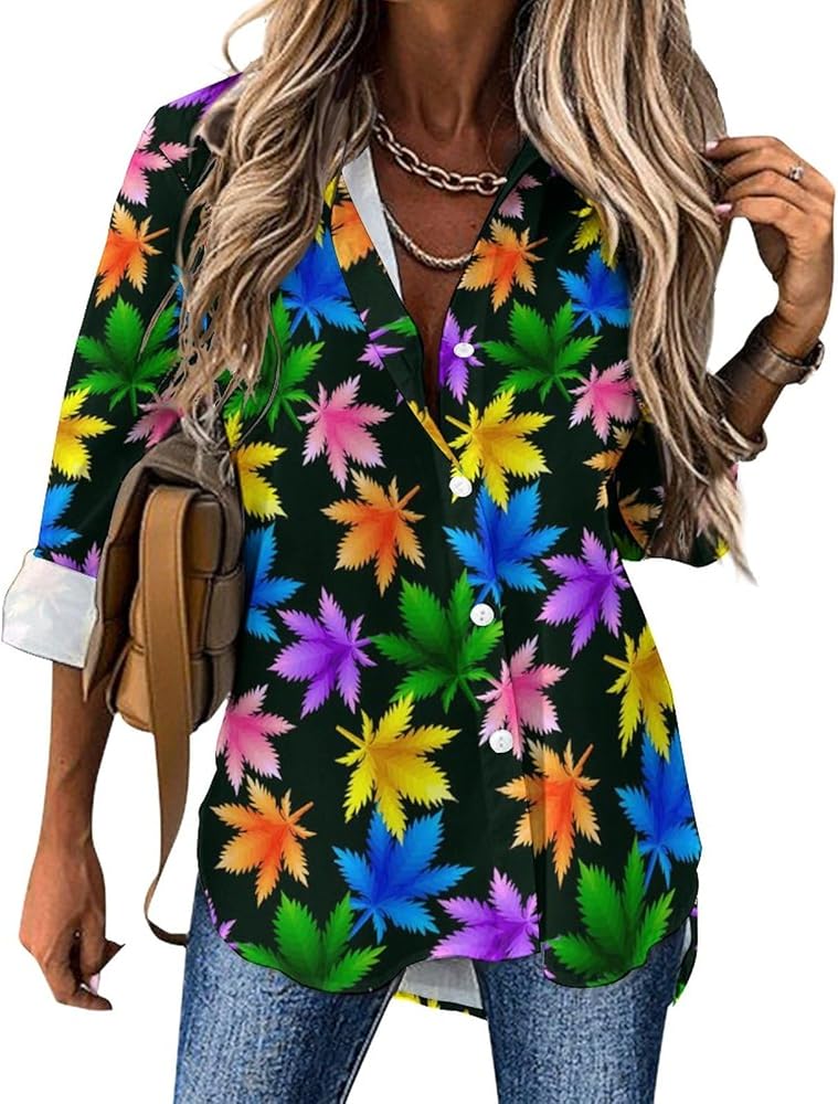 Color Weed Blouses for Women Hawaiian Button Down Long Sleeve Shirts Tees Tops