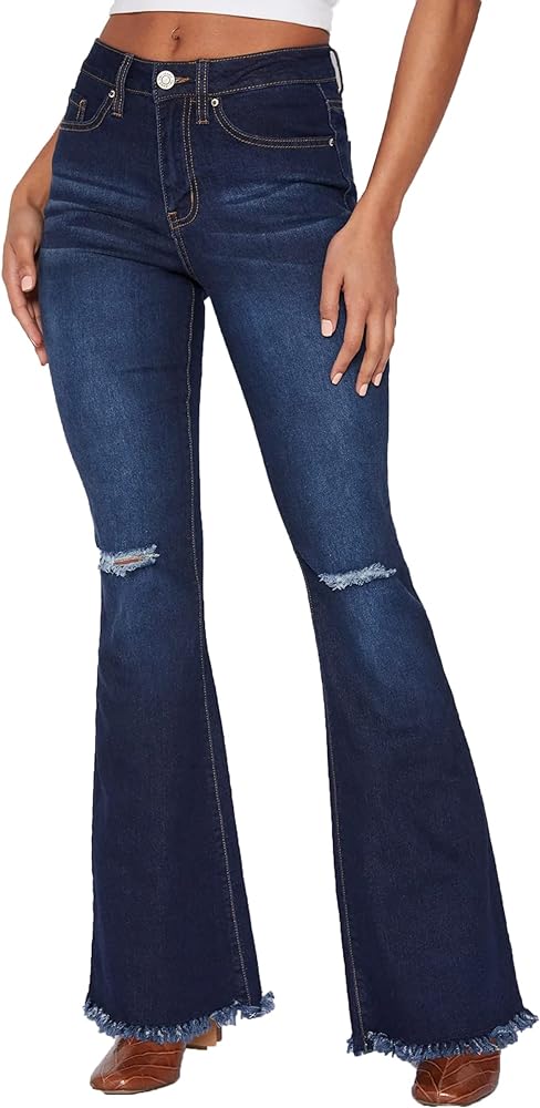 YMI Womens High-Rise Flare Jean with Frayed Hem-Long Inseam